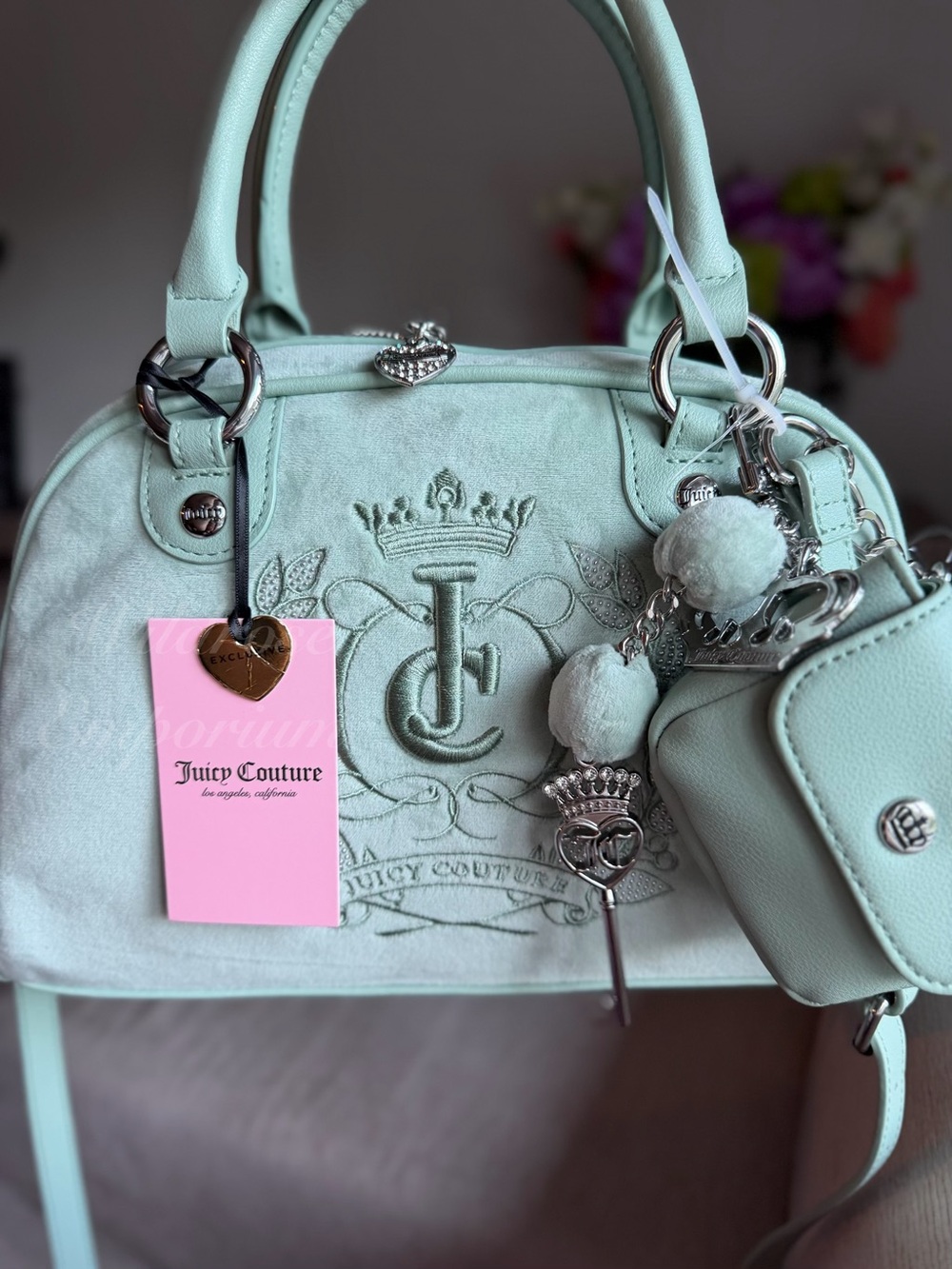 JUICY COUTURE SPARKLE ROYAL FROSTY GREEN VELOUR SATCHEL TOTE CROWN KEY CHARM